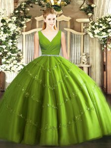 Floor Length Olive Green 15 Quinceanera Dress Tulle Sleeveless Beading