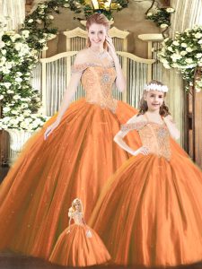Extravagant Orange Red Off The Shoulder Neckline Beading Quince Ball Gowns Sleeveless Lace Up