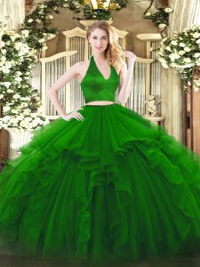 Luxury Green Organza Zipper Halter Top Sleeveless Floor Length Quinceanera Gown Ruffles