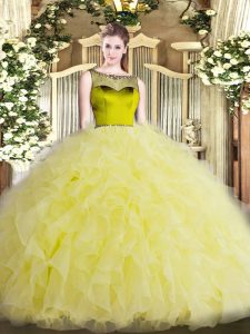 Floor Length Yellow Quinceanera Gown Organza Sleeveless Beading and Ruffles