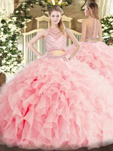 Sexy Sleeveless Floor Length Beading and Ruffles Zipper Sweet 16 Quinceanera Dress with Baby Pink