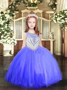 Sweet Floor Length Zipper Little Girl Pageant Gowns Baby Blue for Party and Quinceanera with Beading