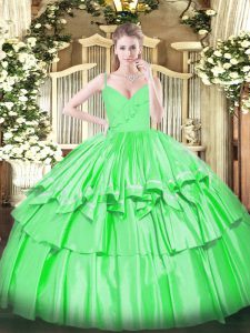 Exquisite Green Ball Gowns Taffeta Spaghetti Straps Sleeveless Ruffled Layers Floor Length Zipper Sweet 16 Quinceanera D