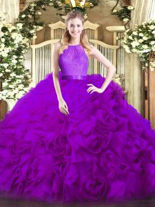 Sleeveless Floor Length Lace Zipper Quinceanera Gowns with Eggplant Purple