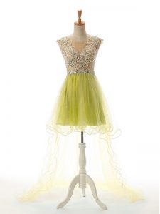 Extravagant Yellow Green Scoop Neckline Appliques Prom Gown Sleeveless Backless