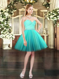 Cute Sleeveless Tulle Mini Length Lace Up Homecoming Dress in Aqua Blue with Beading and Lace