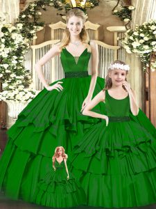 Floor Length Zipper Sweet 16 Dresses Green for Military Ball and Sweet 16 and Quinceanera with Beading and Ruffled Layer