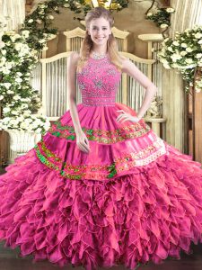 Nice Hot Pink Ball Gowns Tulle Halter Top Sleeveless Beading and Ruffles and Sequins Floor Length Zipper Quinceanera Dre