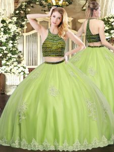 Ball Gowns Sweet 16 Dresses Yellow Green Halter Top Tulle Sleeveless Floor Length Zipper