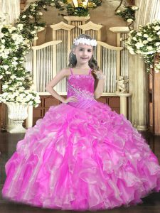 Best Rose Pink Sleeveless Floor Length Beading and Ruffles and Sequins Lace Up Kids Pageant Dress