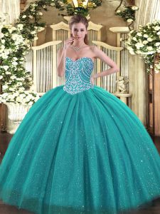 Turquoise Ball Gowns Beading Quinceanera Dress Lace Up Tulle Sleeveless Floor Length