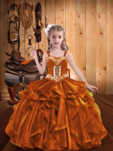 Unique Straps Sleeveless Organza Pageant Dress for Teens Embroidery and Ruffles Lace Up