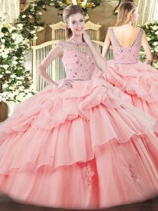 On Sale Baby Pink Sleeveless Tulle Zipper Sweet 16 Dress for Military Ball and Sweet 16 and Quinceanera