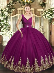 Fuchsia Sleeveless Floor Length Beading and Appliques and Ruching Backless Sweet 16 Dresses