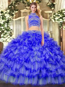Two Pieces Quinceanera Gowns Blue High-neck Tulle Sleeveless Floor Length Backless