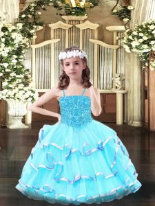 Floor Length Lace Up Pageant Gowns For Girls Aqua Blue for Party with Beading and Ruffled Layers