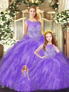 Eggplant Purple Organza Lace Up Scoop Sleeveless Floor Length 15th Birthday Dress Beading and Ruffles