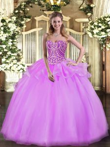 Great Lilac Sleeveless Floor Length Beading and Ruffles Lace Up 15th Birthday Dress