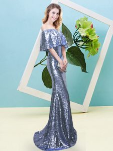Decent Half Sleeves Floor Length Sequins Zipper Evening Dress with Blue