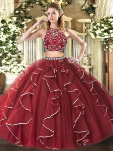Tulle High-neck Sleeveless Zipper Beading and Ruffles Quinceanera Dresses in Burgundy