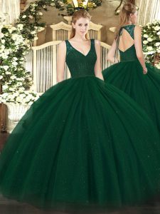 Low Price V-neck Sleeveless Zipper Quinceanera Gowns Dark Green Tulle and Sequined