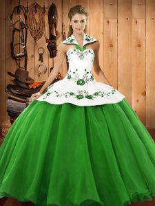 Luxury Green Halter Top Neckline Embroidery Sweet 16 Quinceanera Dress Sleeveless Lace Up