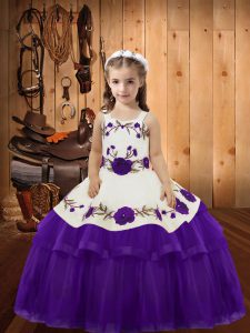 Nice Sleeveless Lace Up Floor Length Embroidery and Ruffled Layers Child Pageant Dress