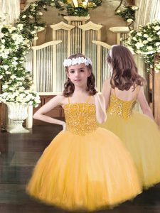 Graceful Orange Tulle Lace Up Spaghetti Straps Sleeveless Floor Length Pageant Dress for Teens Beading