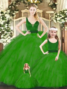 Delicate Green Ball Gowns Organza V-neck Sleeveless Beading and Ruffles Floor Length Zipper Sweet 16 Dresses