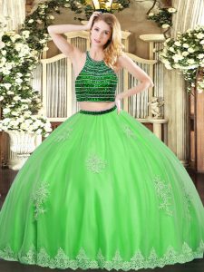Green Zipper Halter Top Beading and Appliques Sweet 16 Dress Tulle Sleeveless