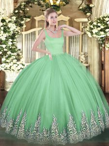 Floor Length Zipper Vestidos de Quinceanera Apple Green for Military Ball and Sweet 16 and Quinceanera with Appliques