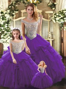 Bateau Sleeveless Lace Up Ball Gown Prom Dress Purple Tulle