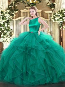 Floor Length Clasp Handle Quince Ball Gowns Turquoise for Military Ball and Sweet 16 and Quinceanera with Ruffles
