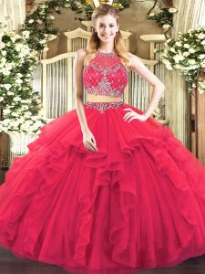 Discount Coral Red Tulle Zipper Scoop Sleeveless Floor Length Sweet 16 Dress Beading and Ruffles