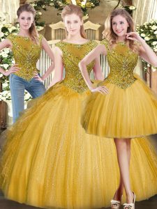 Best Gold Tulle Zipper Scoop Sleeveless Floor Length Quinceanera Gowns Beading and Ruffles