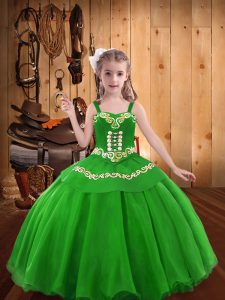 Customized Green Straps Lace Up Embroidery Little Girl Pageant Gowns Sleeveless