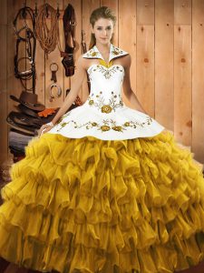 Ball Gowns 15 Quinceanera Dress Gold Halter Top Satin and Organza Sleeveless Floor Length Lace Up