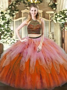 Best Multi-color 15th Birthday Dress Military Ball and Sweet 16 and Quinceanera with Beading and Ruffles Halter Top Slee