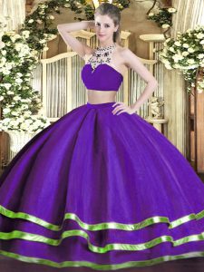 Purple Backless High-neck Beading 15 Quinceanera Dress Tulle Sleeveless