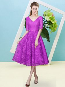 Admirable Fuchsia Half Sleeves Tea Length Bowknot Lace Up Wedding Party Dress