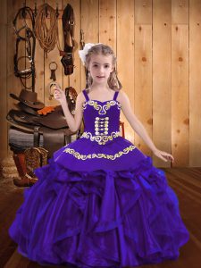 Purple Sleeveless Floor Length Embroidery and Ruffles Lace Up Pageant Gowns For Girls