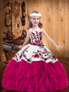 Ball Gowns Little Girls Pageant Gowns Fuchsia Straps Organza Sleeveless Floor Length Lace Up