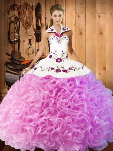 Dazzling Sleeveless Fabric With Rolling Flowers Floor Length Lace Up 15 Quinceanera Dress in Rose Pink with Embroidery
