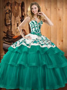 Turquoise Lace Up Sweet 16 Quinceanera Dress Embroidery Sleeveless Sweep Train
