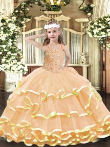Dazzling Peach Sleeveless Floor Length Beading and Ruffled Layers Lace Up Girls Pageant Dresses