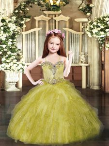Spaghetti Straps Sleeveless Lace Up Little Girl Pageant Dress Olive Green Tulle