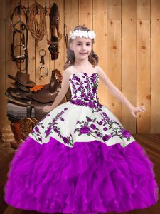 Adorable Beading and Embroidery Little Girls Pageant Gowns Purple Lace Up Sleeveless Floor Length