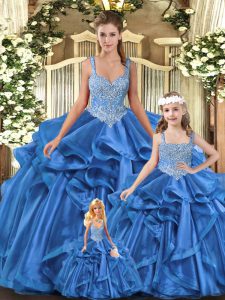 Decent Blue Ball Gowns Beading and Ruffles Vestidos de Quinceanera Lace Up Tulle Sleeveless Floor Length