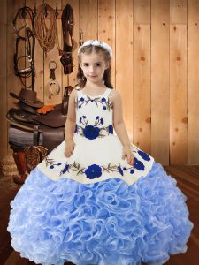 Lavender Fabric With Rolling Flowers Lace Up Straps Sleeveless Floor Length Child Pageant Dress Embroidery and Ruffles