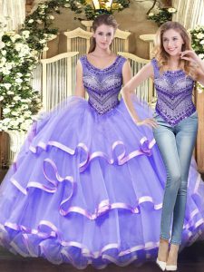 Ball Gowns Sweet 16 Quinceanera Dress Lavender Scoop Tulle Sleeveless Floor Length Lace Up